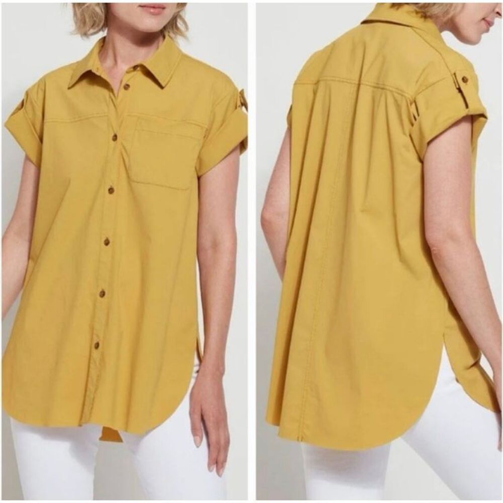 Lysse Mustard Yellow Short Sleeve Button Up Shirt Sz M
